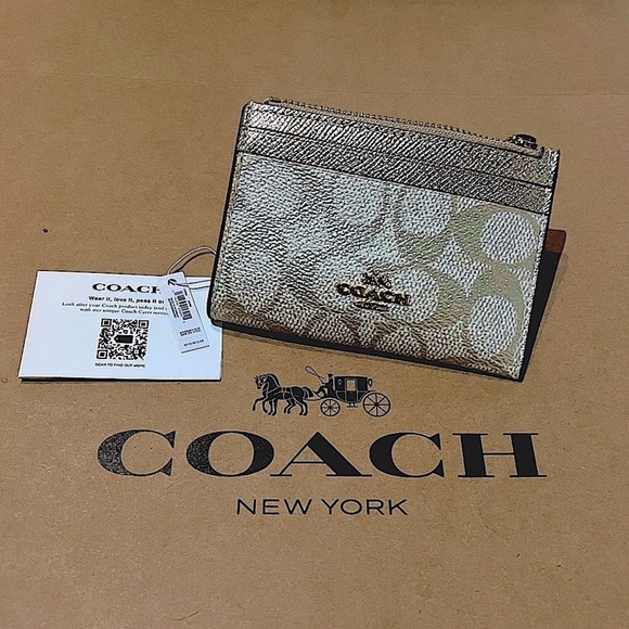 NWT COACH Mini Skinny ID Case CW966 Pearlized Coated Canvas & Metallic Leather - Picture 1 of 4